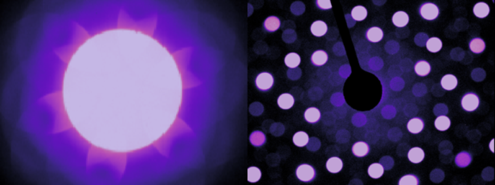 Electron microscopy images in purple showing nanoscale structures and diffraction contrast