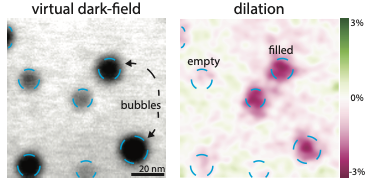 Virtual dark-field and dilation maps showing argon bubbles and strain in amorphous bismuth oxide